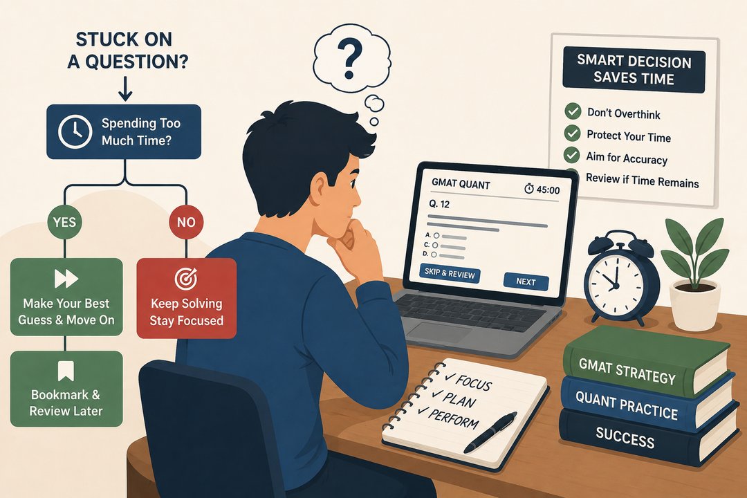 Student using a smart guessing and review strategy during timed GMAT Quant practice.