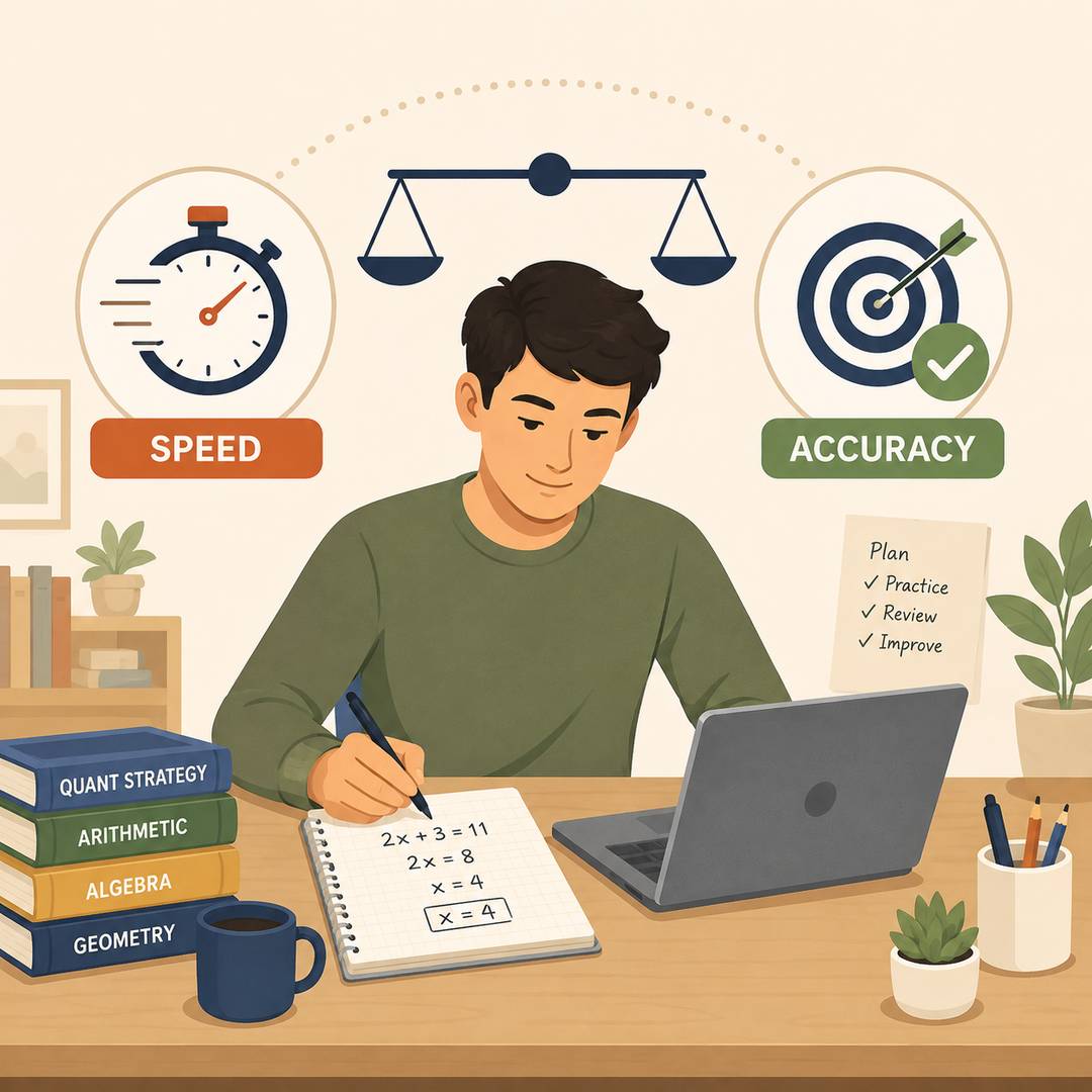 Student balancing speed and accuracy during GMAT Quant practice with a laptop and timer
